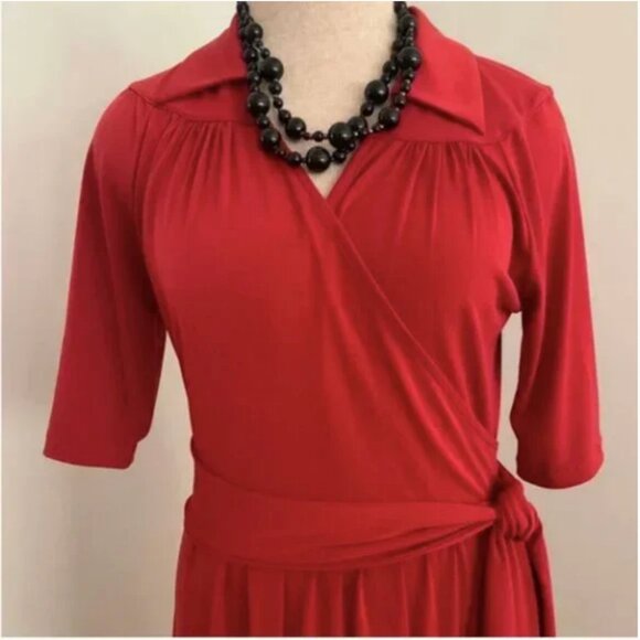 Talbots Faux Wrap Rust Colored Spilt Neck Collared Stretch Dress Size 6P - Picture 3 of 8